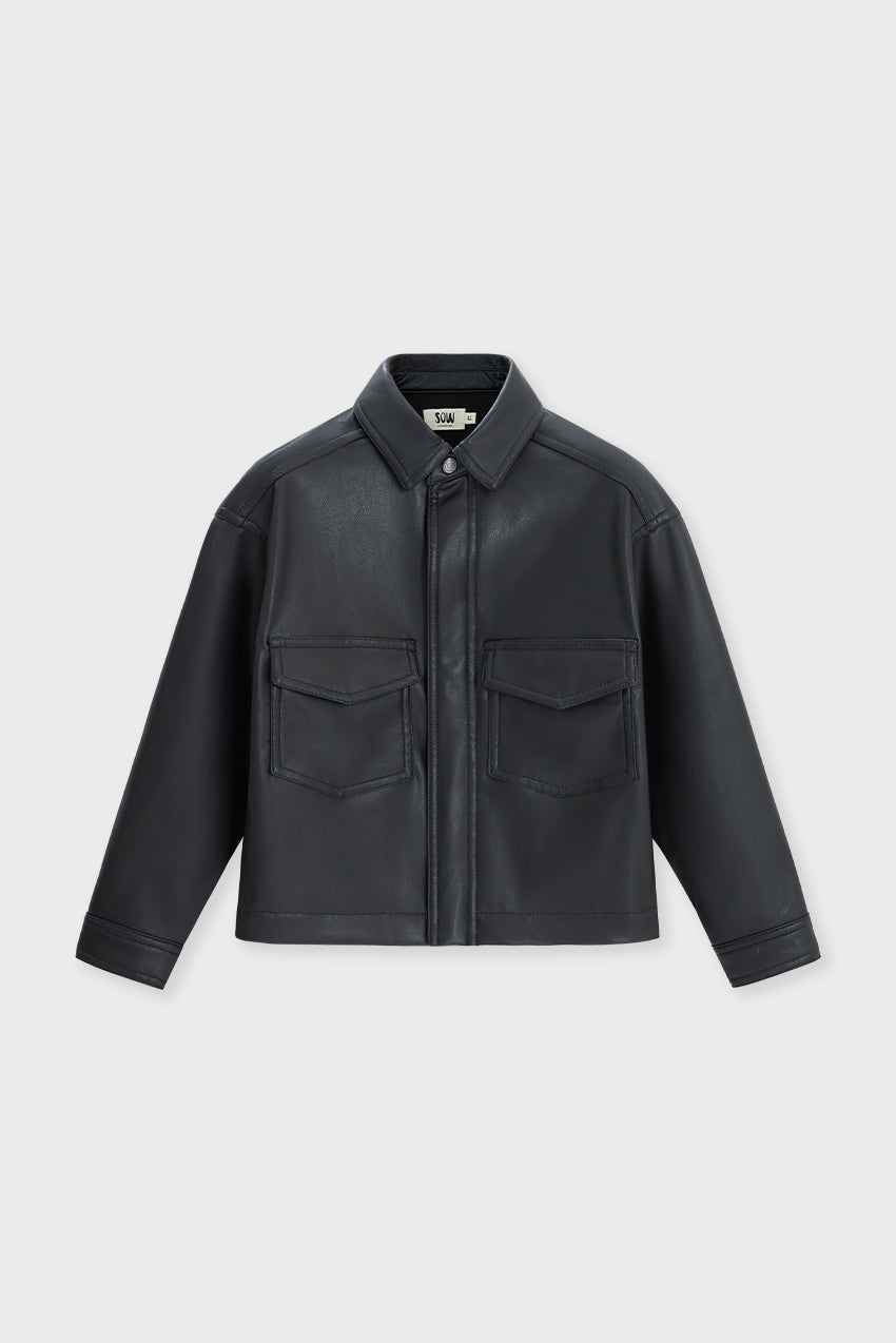 #color_black - Front view of kids’ black faux leather boxy shirt — gender-neutral and sustainably made
