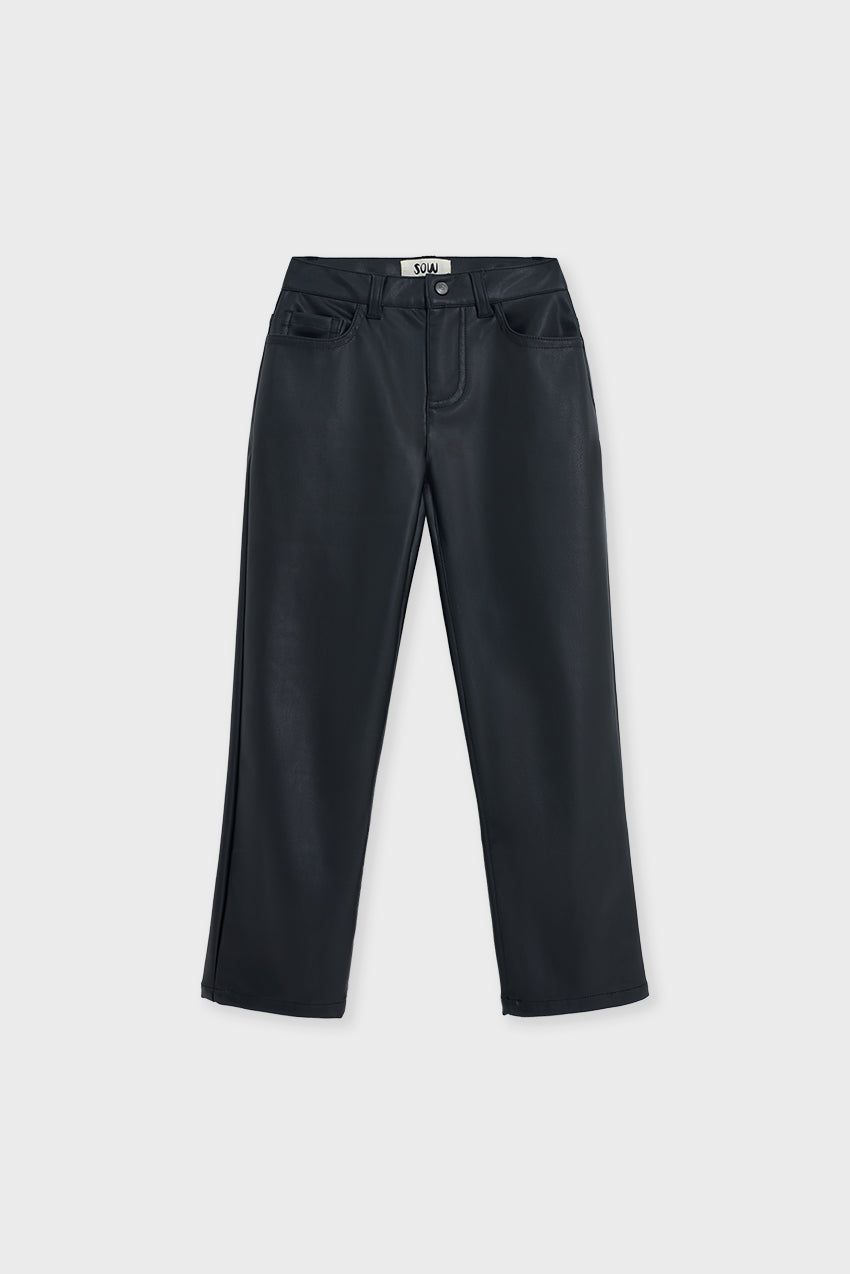 #color_black - Front view of kids’ black straight leg faux leather pants — made from 100% recycled polyester and designed for sustainable style