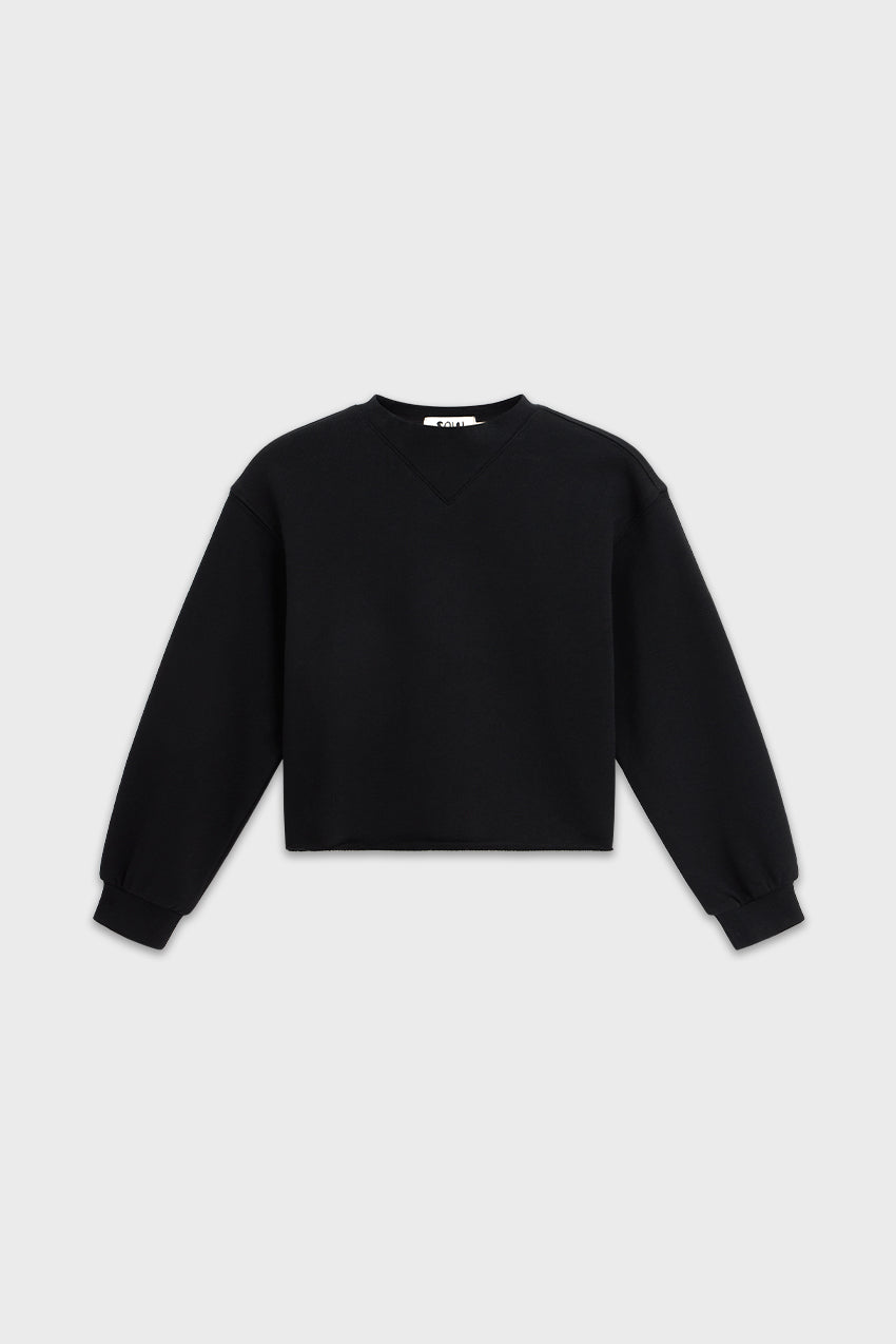 #color_black - Front view of black cropped mock neck kids sweatshirt — organic cotton and minimalist style