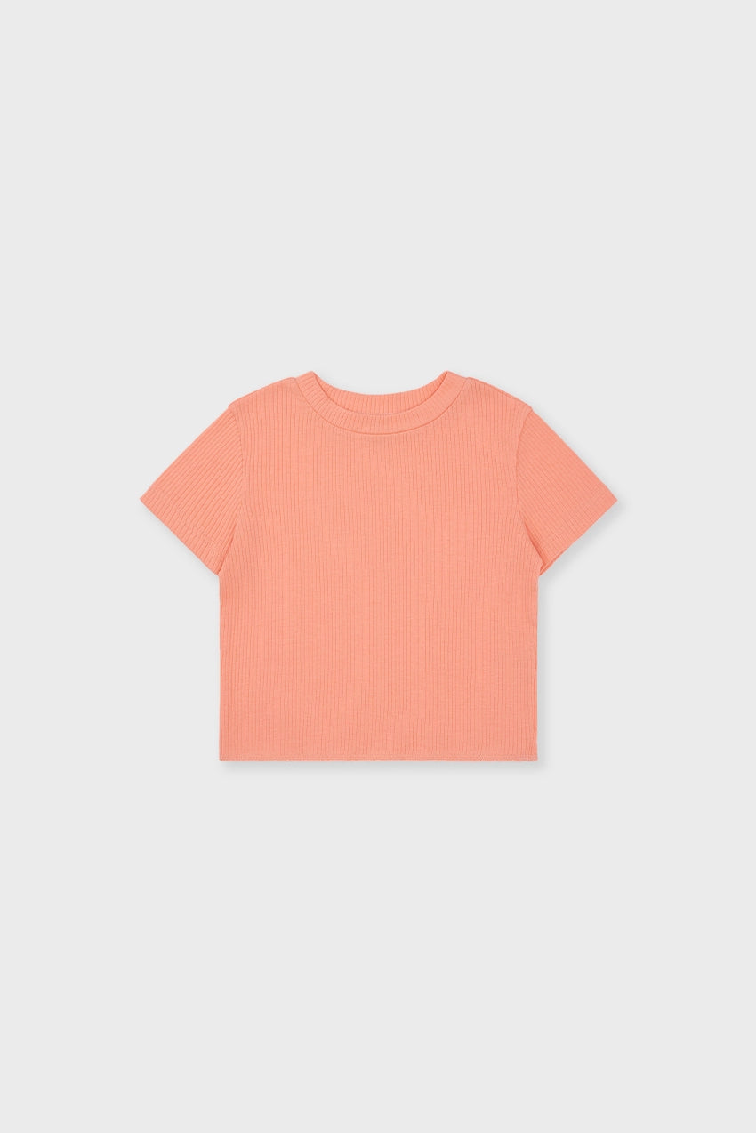 #color_desert flower - Front view of girls’ pink ribbed organic cotton tee in Desert Flower — soft and eco-friendly