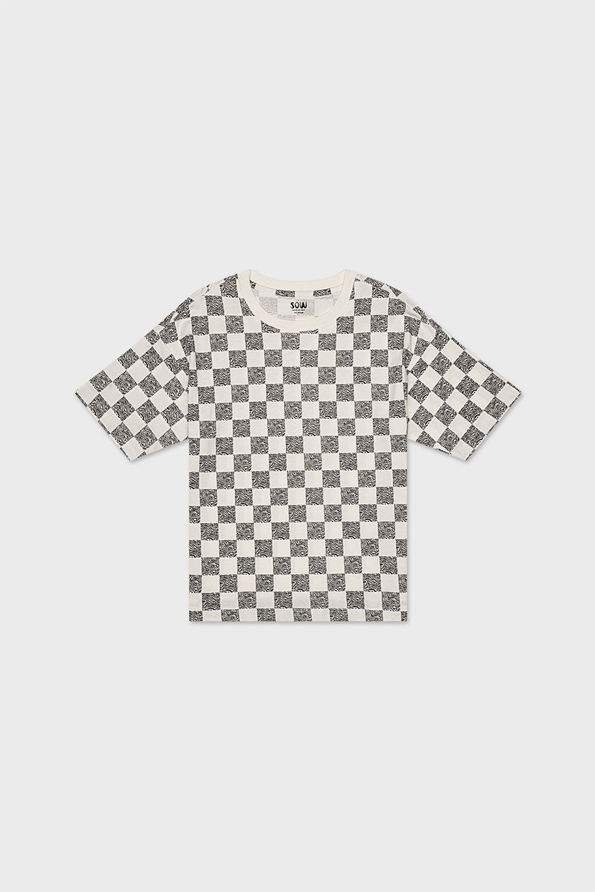 Off White/Black Animal Checker - Front view of relaxed fit cotton kids tee with checker print — soft, sustainable, and eco-friendly