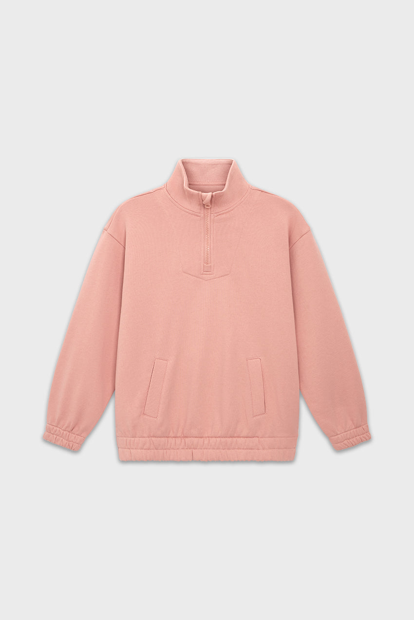 #color_heavenly pink - Front view of Heavenly Pink kids zip collar sweatshirt — relaxed fit and made from organic cotton